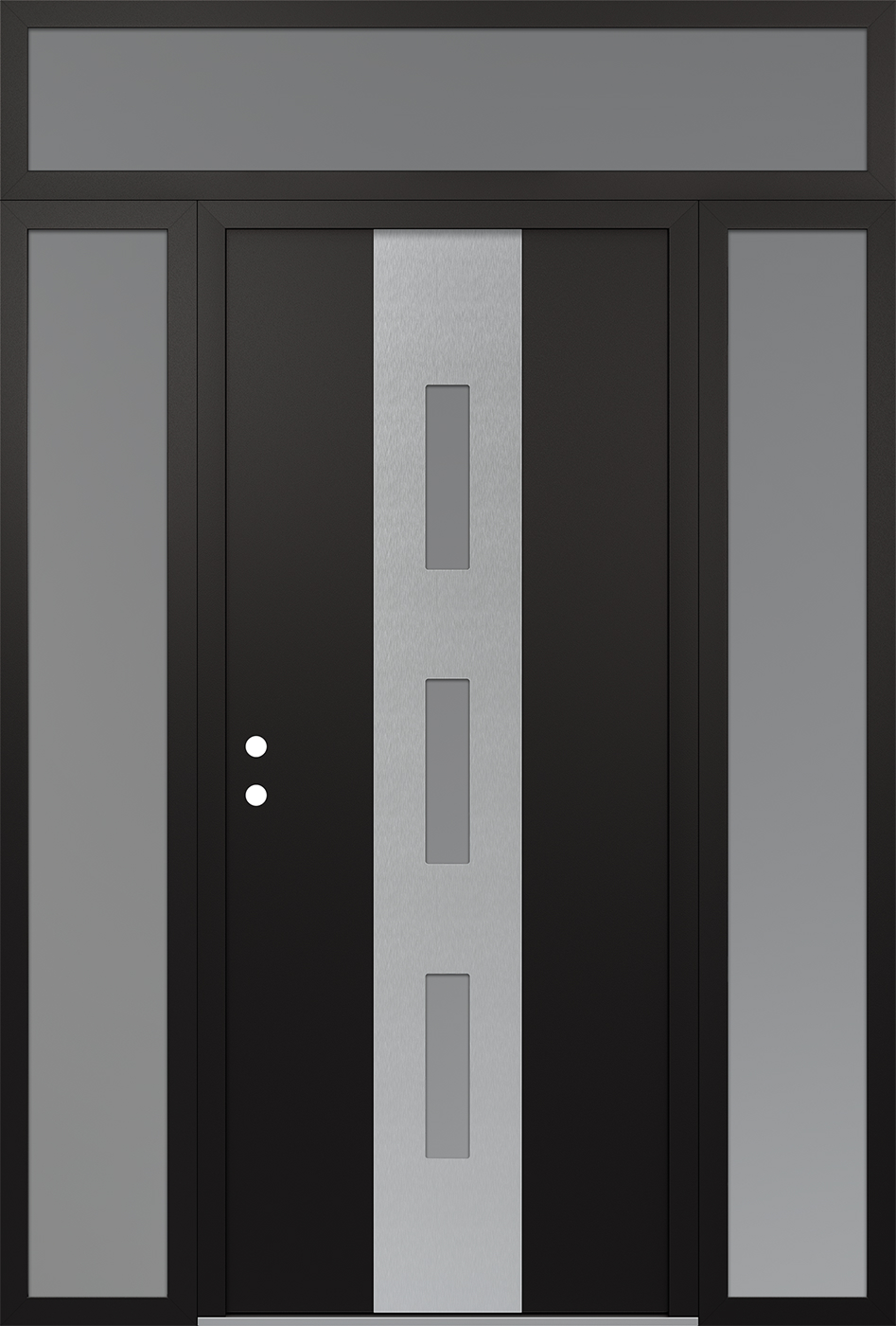 Modern Steel Front Door DIAMOND A7 68" X 96" BLACK/WHITE FROSTED GLASS PANEL STAINLESS STEEL RHI WITH 2 SIDELITES AND TRANSOM FROSTED GLASS