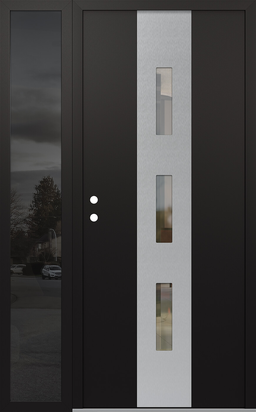 MODERN STEEL FRONT DOOR DIAMOND A7 50" X 80" BLACK/BLACK CLEAR GLASS PANEL STAINLESS STEEL RHI WITH SIDELITE CLEAR GLASS