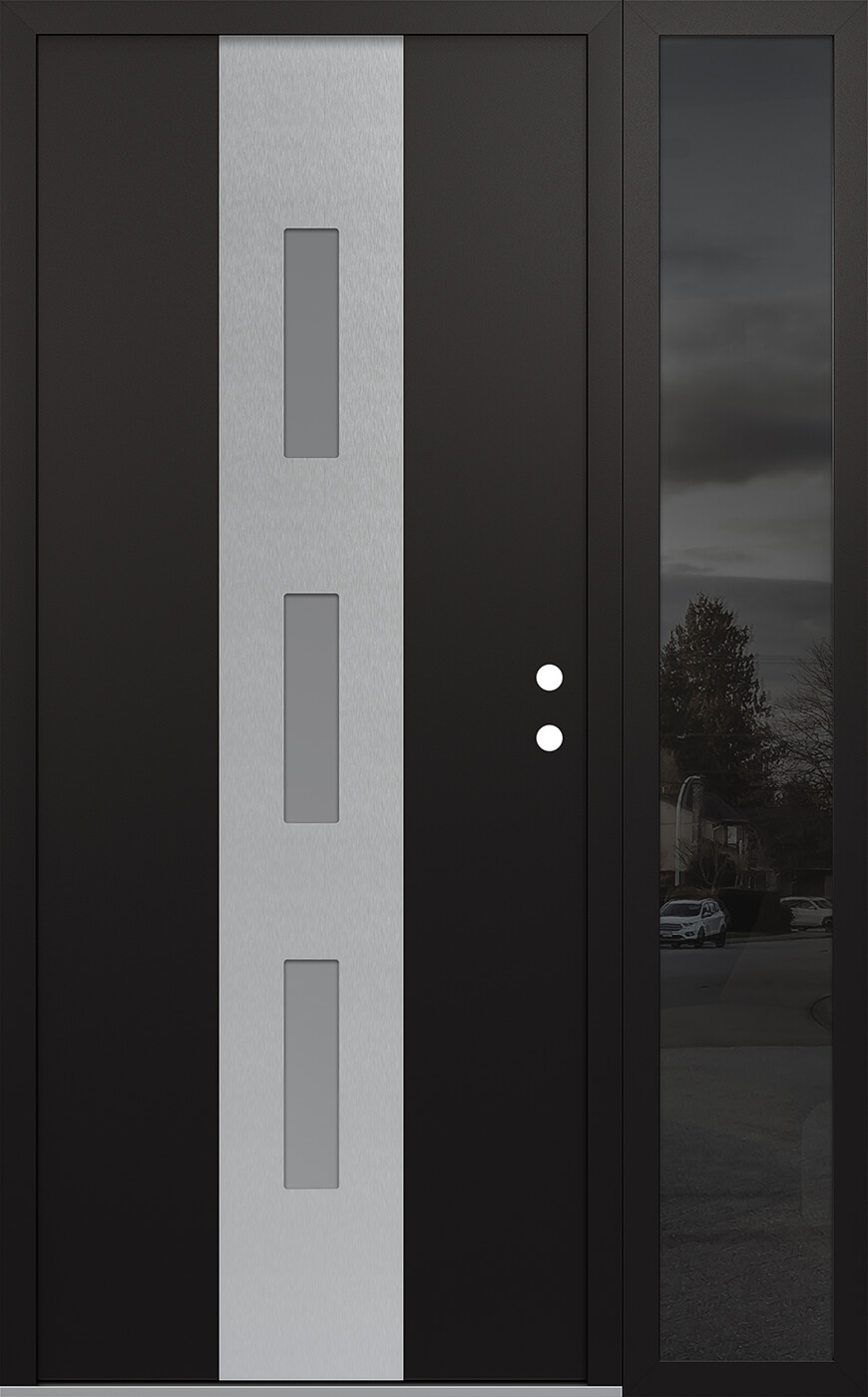 MODERN STEEL FRONT DOOR DIAMOND A7 50" X 80" BLACK/WHITE FROSTED GLASS PANEL STAINLESS STEEL LHI WITH SIDELITE CLEAR GLASS