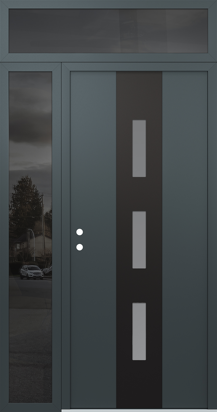 Modern Steel Front Door DIAMOND A7 50" X 96" ANTHRACITE/ANTHRACITE FROSTED GLASS PANEL BLACK RHI WITH SIDELITE AND TRANSOM FROSTED GLASS