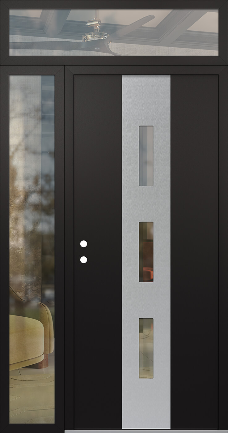 MODERN STEEL FRONT DOOR DIAMOND A7 50" X 96" BLACK/BLACK CLEAR GLASS PANEL STAINLESS STEEL RHI WITH SIDELITE AND TRANSOM MIRRORED GLASS