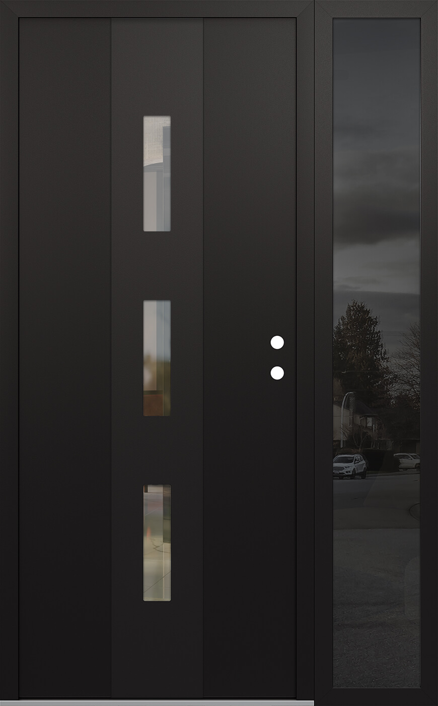 Modern Steel Front Door DIAMOND A7 52" X 80" BLACK/BLACK CLEAR GLASS PANEL BLACK LHI WITH SIDELITE MIRRORED GLASS