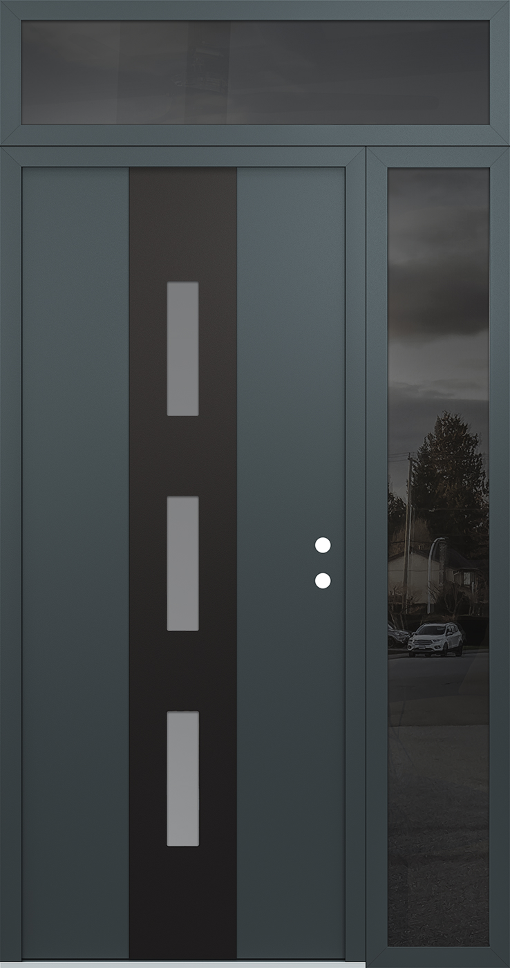 Modern Steel Front Door DIAMOND A7 52" X 96" ANTHRACITE/ANTHRACITE FROSTED GLASS PANEL BLACK LHI WITH SIDELITE AND TRANSOM CLEAR GLASS