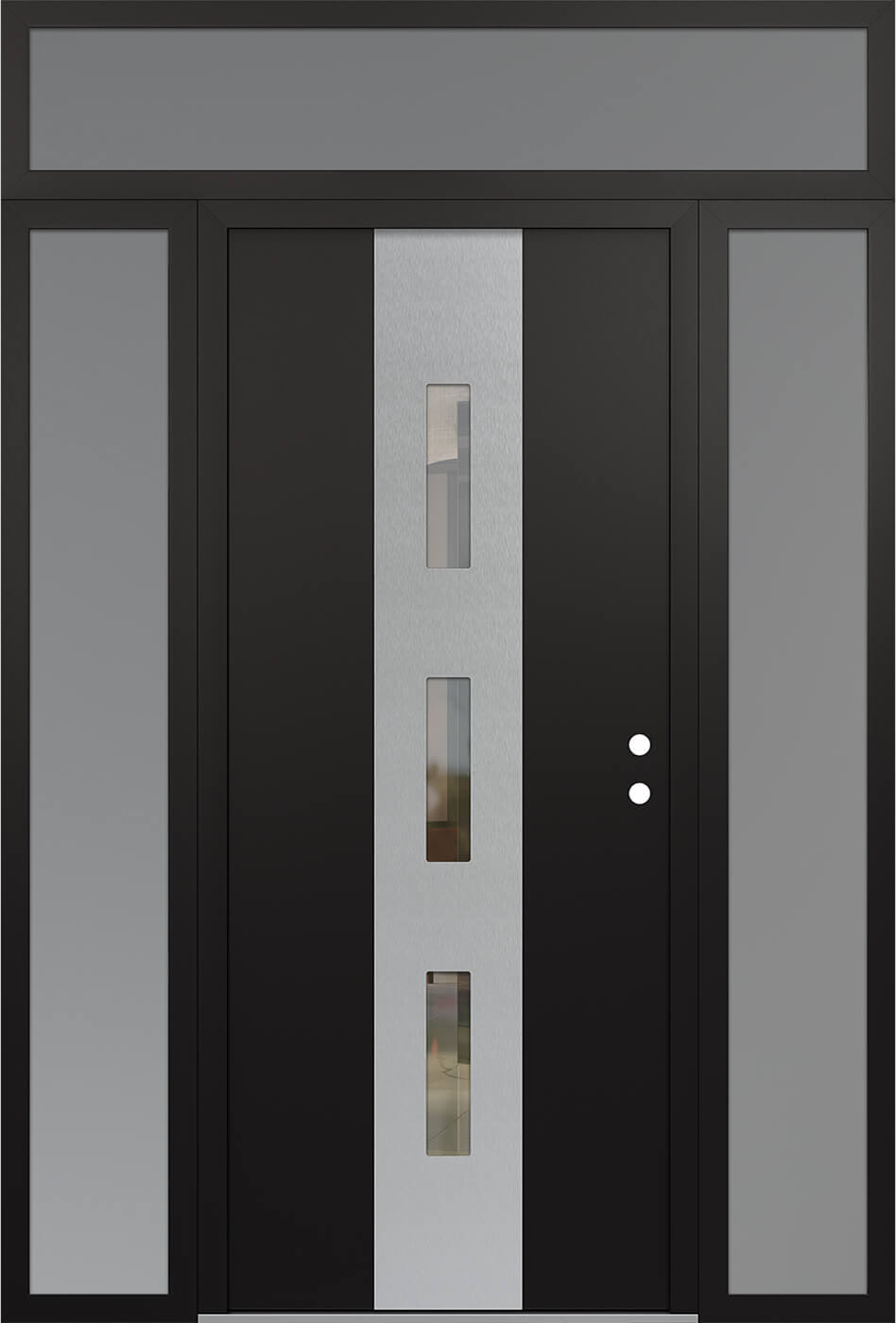 MODERN STEEL FRONT DOOR DIAMOND A7 60" X 96" BLACK/BLACK CLEAR GLASS PANEL STAINLESS STEEL LHI WITH 2 SIDELITES AND TRANSOM FROSTED GLASS