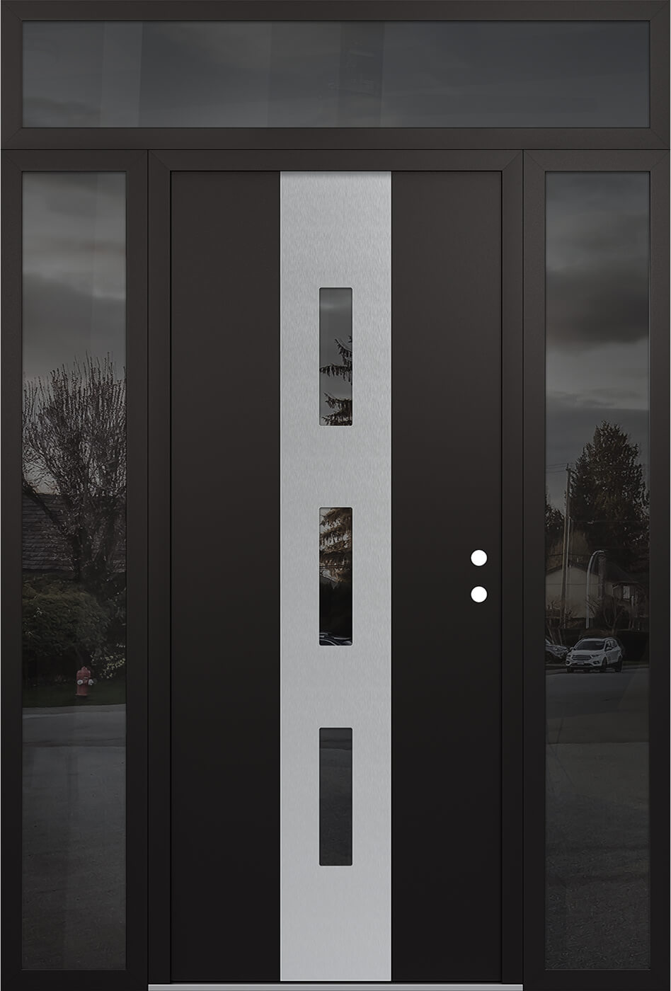 MODERN STEEL FRONT DOOR DIAMOND A7 60" X 96" BLACK/BLACK MIRRORED GLASS PANEL STAINLESS STEEL LHI WITH 2 SIDELITES AND TRANSOM FROSTED GLASS