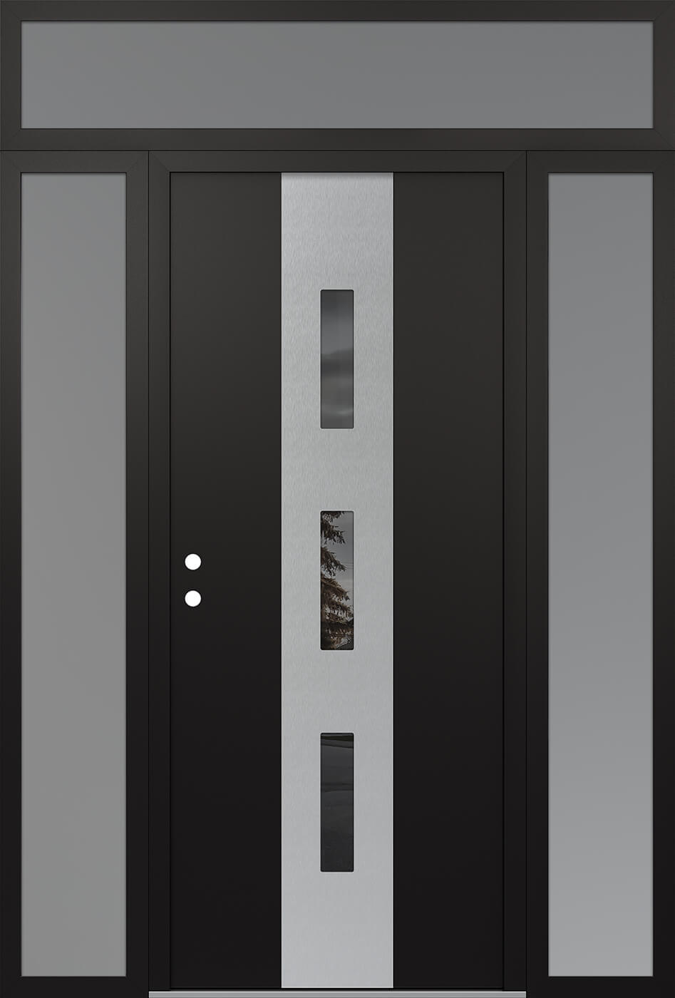 MODERN STEEL FRONT DOOR DIAMOND A7 64" X 96" BLACK/BLACK MIRRORED GLASS PANEL STAINLESS STEEL RHI WITH 2 SIDELITES AND TRANSOM MIRRORED GLASS