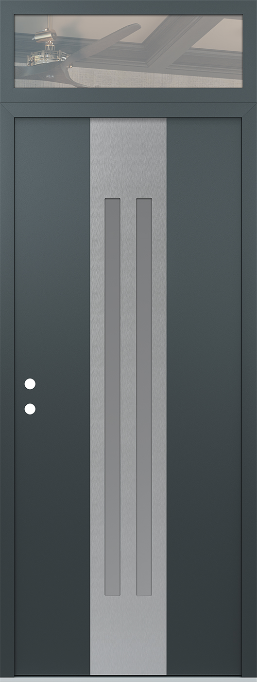 Modern Steel Front Door DIAMOND A8 36" X 96" ANTHRACITE/ANTHRACITE FROSTED GLASS PANEL STAINLESS STEEL RHI WITH TRANSOM CLEAR GLASS