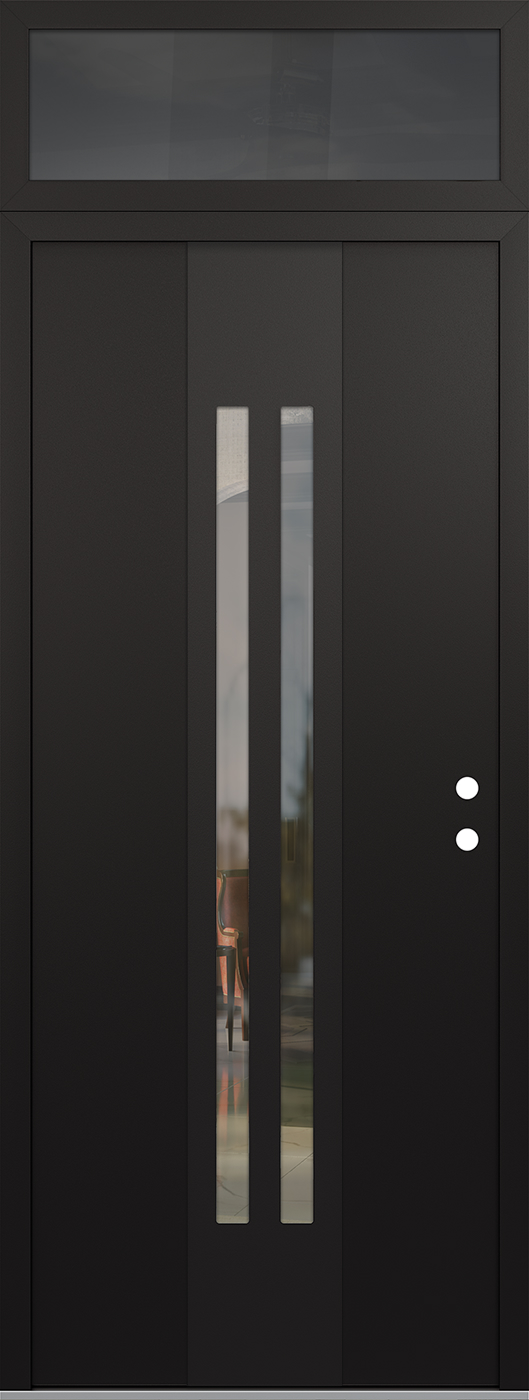 Modern Steel Front Door DIAMOND A8 36" X 96" BLACK/BLACK CLEAR GLASS PANEL BLACK LHI WITH TRANSOM MIRRORED GLASS