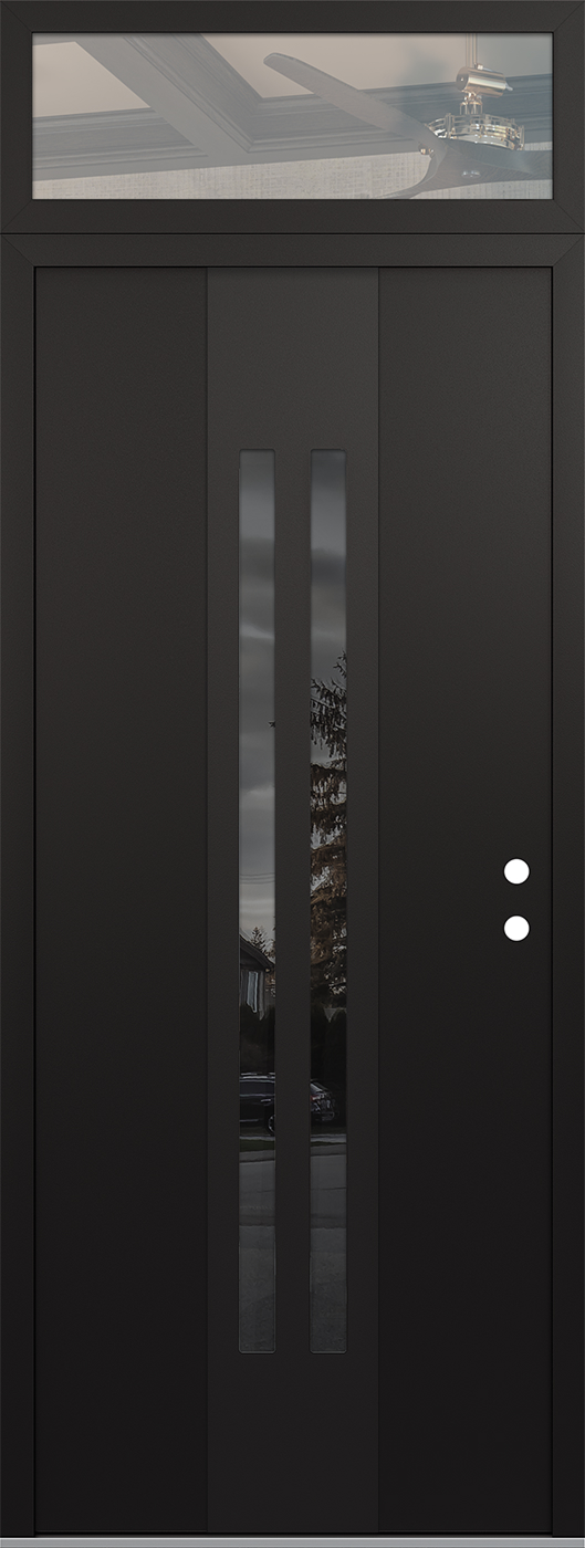 Modern Steel Front Door DIAMOND A8 36" X 96" BLACK/BLACK MIRRORED GLASS PANEL BLACK LHI WITH TRANSOM CLEAR GLASS