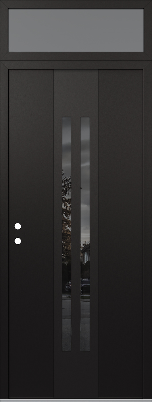Modern Steel Front Door DIAMOND A8 36" X 96" BLACK/BLACK MIRRORED GLASS PANEL BLACK RHI WITH TRANSOM FROSTED GLASS