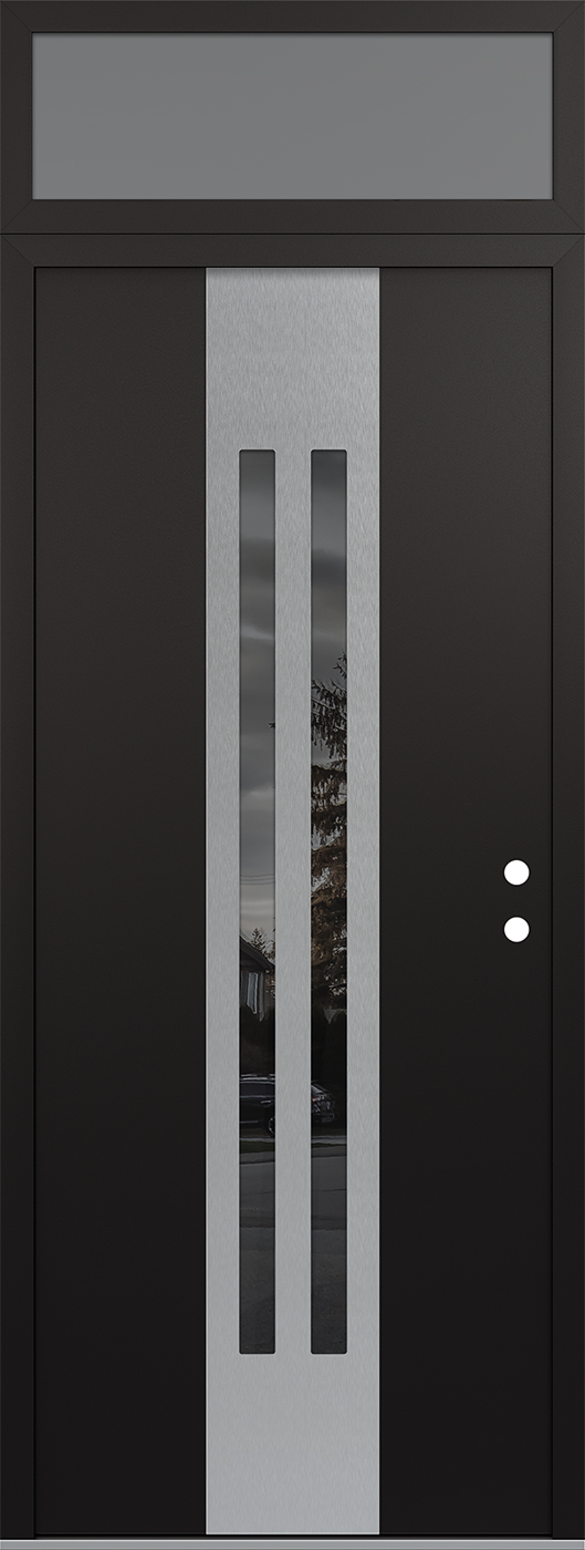 Modern Steel Front Door DIAMOND A8 36" X 96" BLACK/BLACK MIRRORED GLASS PANEL STAINLESS STEEL LHI WITH TRANSOM FROSTED GLASS