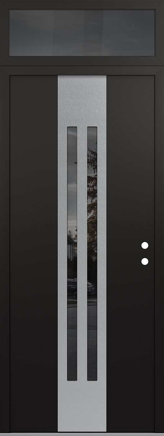 Modern Steel Front Door DIAMOND A8 36" X 96" BLACK/BLACK MIRRORED GLASS PANEL STAINLESS STEEL LHI WITH TRANSOM MIRRORED GLASS