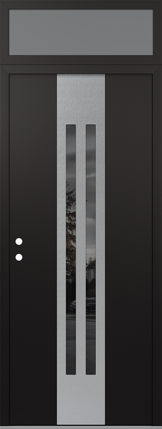 Modern Steel Front Door DIAMOND A8 36" X 96" BLACK/BLACK MIRRORED GLASS PANEL STAINLESS STEEL RHI WITH TRANSOM FROSTED GLASS
