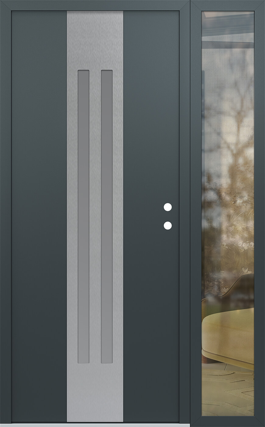 Modern Steel Front Door DIAMOND A8 48" X 80" ANTHRACITE/ANTHRACITE FROSTED GLASS PANEL STAINLESS STEEL LHI WITH SIDELITE CLEAR GLASS