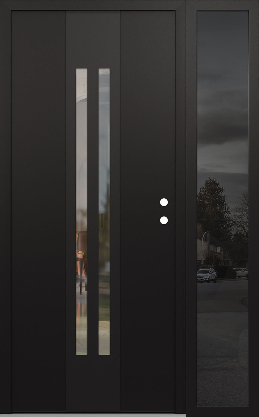 Modern Steel Front Door DIAMOND A8 48" X 80" BLACK/BLACK CLEAR GLASS PANEL BLACK LHI WITH SIDELITE MIRRORED GLASS