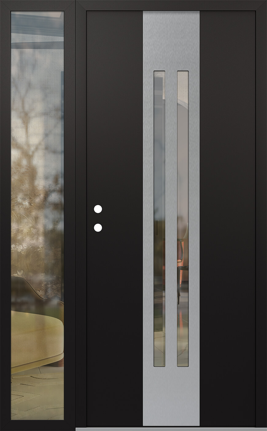 Modern Steel Front Door DIAMOND A8 48" X 80" BLACK/BLACK CLEAR GLASS PANEL STAINLESS STEEL RHI WITH SIDELITE CLEAR GLASS