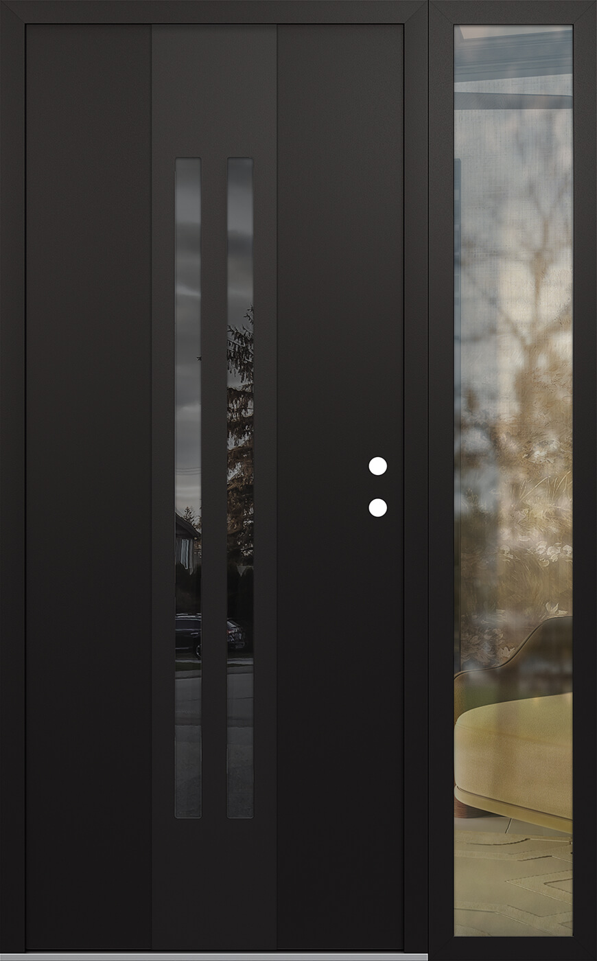 Modern Steel Front Door DIAMOND A8 48" X 80" BLACK/BLACK MIRRORED GLASS PANEL BLACK LHI WITH SIDELITE CLEAR GLASS
