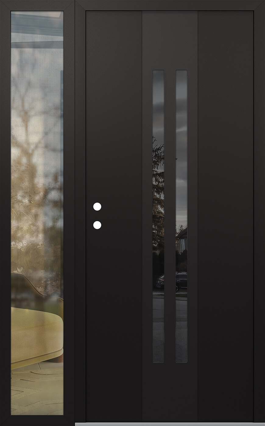 Modern Steel Front Door DIAMOND A8 48" X 80" BLACK/BLACK MIRRORED GLASS PANEL BLACK RHI WITH SIDELITE CLEAR GLASS