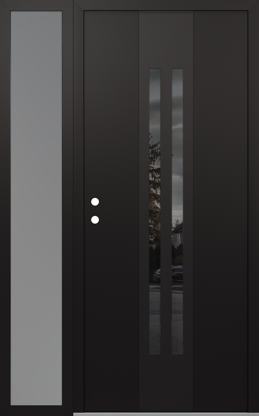 Modern Steel Front Door DIAMOND A8 48" X 80" BLACK/BLACK MIRRORED GLASS PANEL BLACK RHI WITH SIDELITE FROSTED GLASS