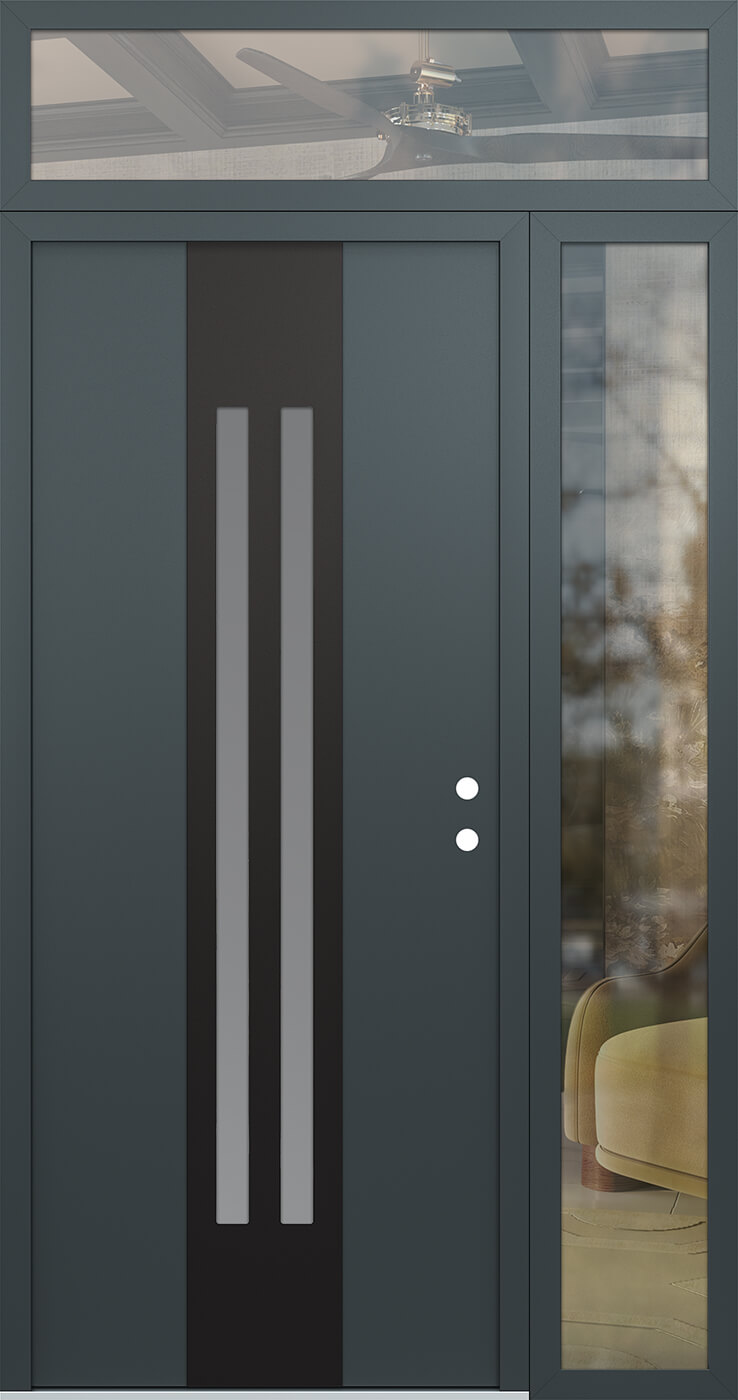 Modern Steel Front Door DIAMOND A8 48" X 96" ANTHRACITE/ANTHRACITE FROSTED GLASS PANEL BLACK LHI WITH SIDELITE AND TRANSOM CLEAR GLASS