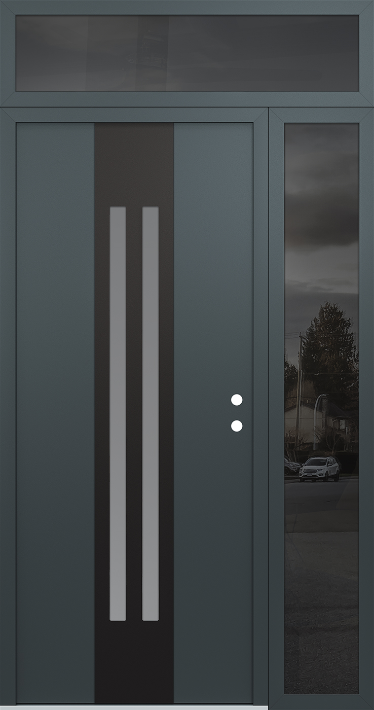 Modern Steel Front Door DIAMOND A8 48" X 96" ANTHRACITE/ANTHRACITE FROSTED GLASS PANEL BLACK LHI WITH SIDELITE AND TRANSOM MIRRORED GLASS