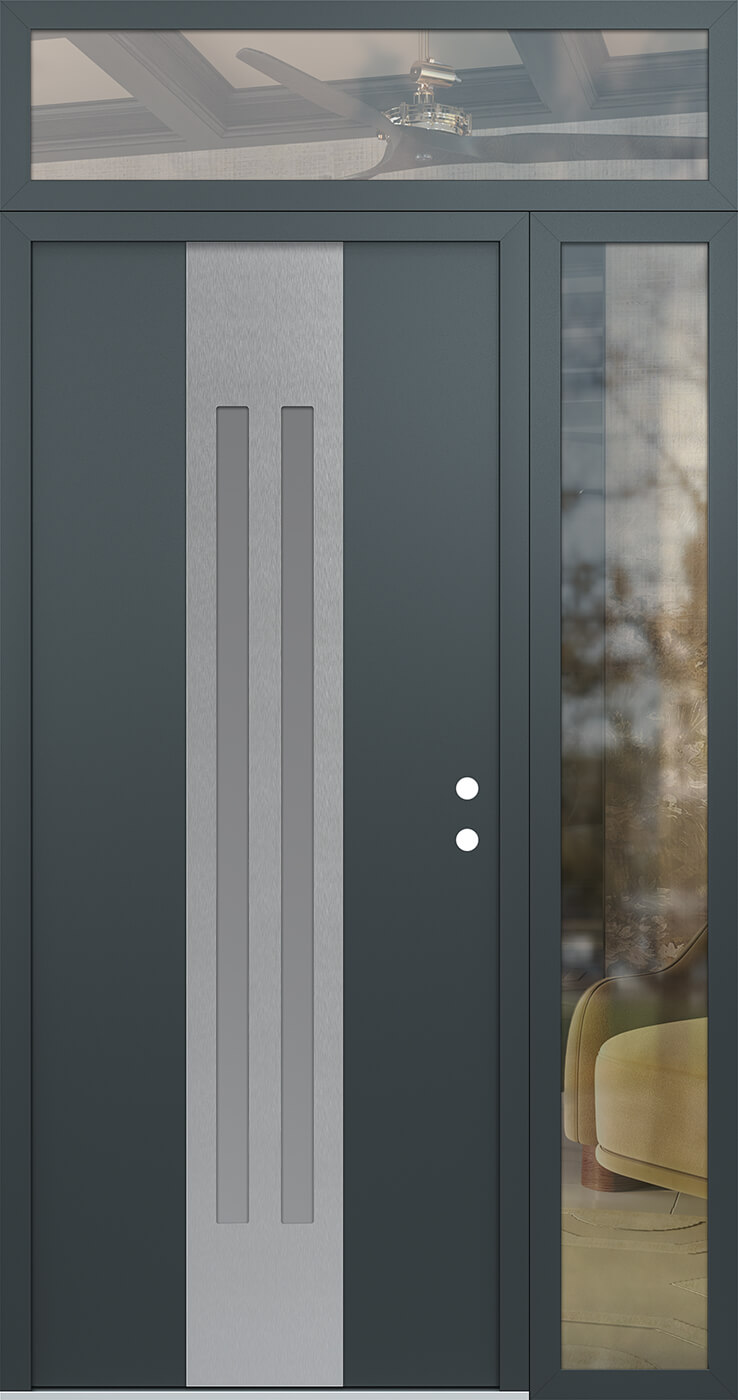 Modern Steel Front Door DIAMOND A8 48" X 96" ANTHRACITE/ANTHRACITE FROSTED GLASS PANEL STAINLESS STEEL LHI WITH SIDELITE AND TRANSOM CLEAR GLASS