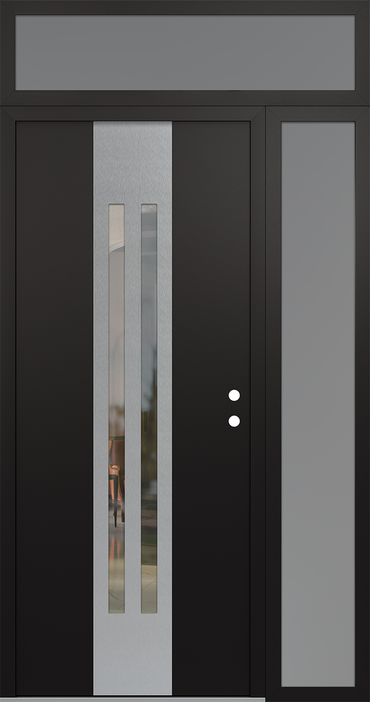 Modern Steel Front Door DIAMOND A8 48" X 96" BLACK/BLACK CLEAR GLASS PANEL STAINLESS STEEL LHI WITH SIDELITE AND TRANSOM FROSTED GLASS