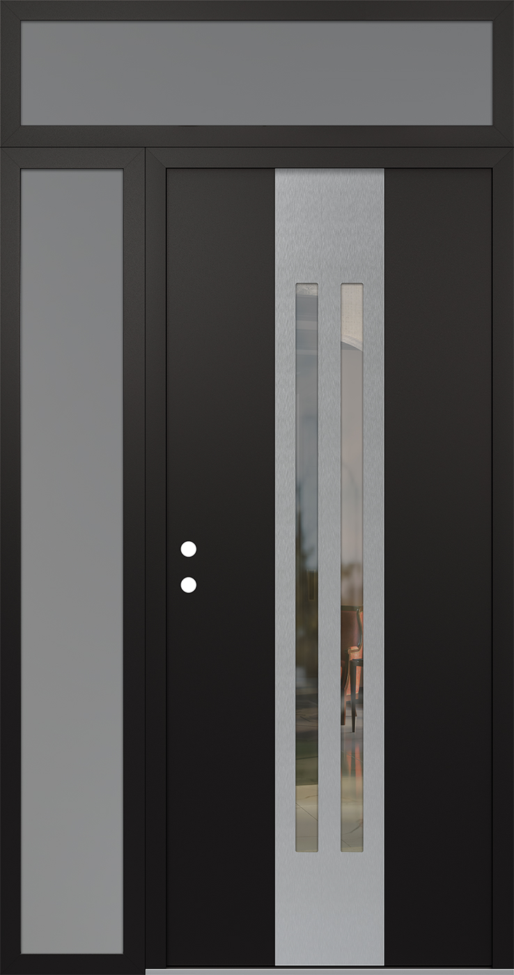 Modern Steel Front Door DIAMOND A8 48" X 96" BLACK/BLACK CLEAR GLASS PANEL STAINLESS STEEL RHI WITH SIDELITE AND TRANSOM FROSTED GLASS