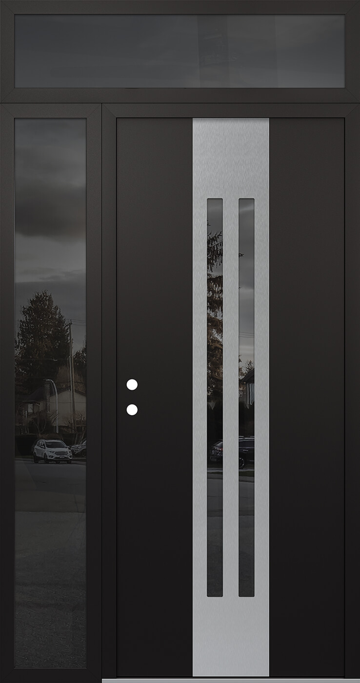 Modern Steel Front Door DIAMOND A8 48" X 96" BLACK/BLACK MIRRORED GLASS PANEL STAINLESS STEEL RHI WITH SIDELITE AND TRANSOM MIRRORED GLASS