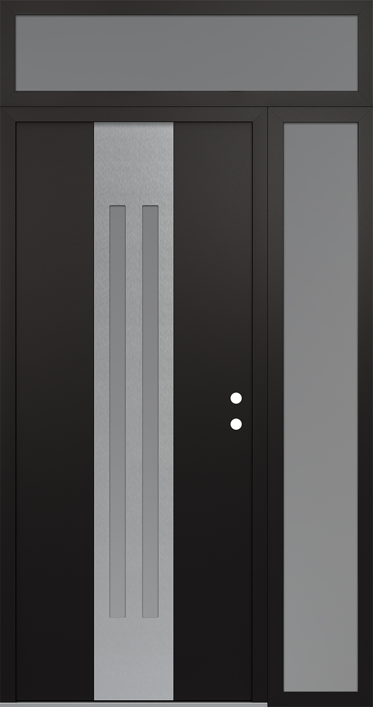 Modern Steel Front Door DIAMOND A8 48" X 96" BLACK/WHITE FROSTED GLASS PANEL STAINLESS STEEL LHI WITH SIDELITE AND TRANSOM FROSTED GLASS