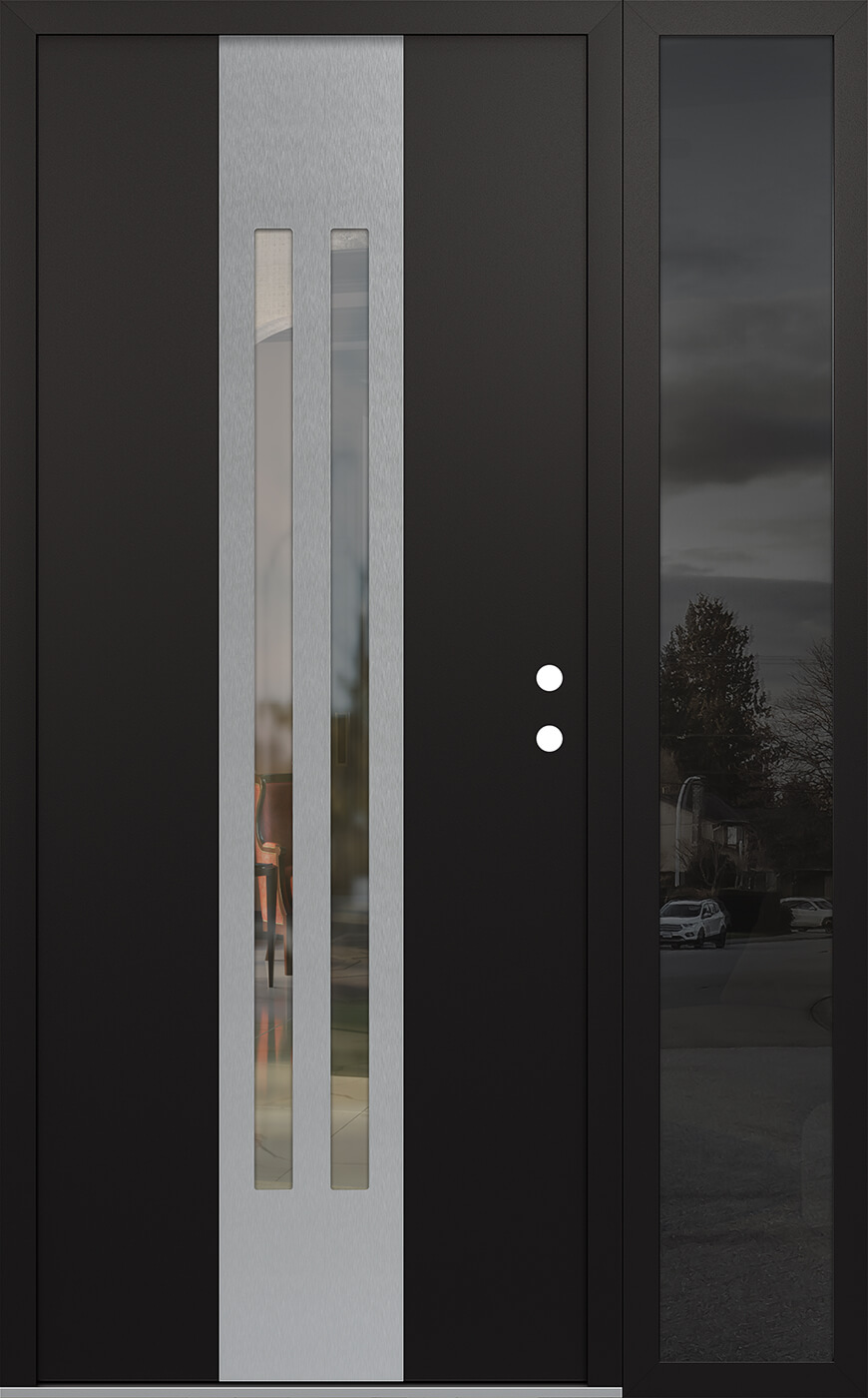 Modern Steel Front Door DIAMOND A8 50" X 80" BLACK/BLACK CLEAR GLASS PANEL STAINLESS STEEL LHI WITH SIDELITE MIRRORED GLASS