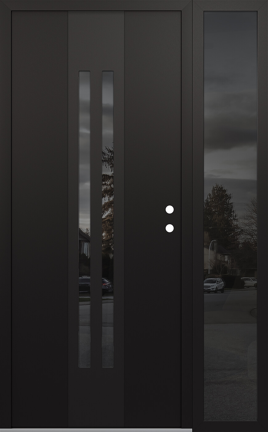 Modern Steel Front Door DIAMOND A8 50" X 80" BLACK/BLACK MIRRORED GLASS PANEL BLACK LHI WITH SIDELITE MIRRORED GLASS