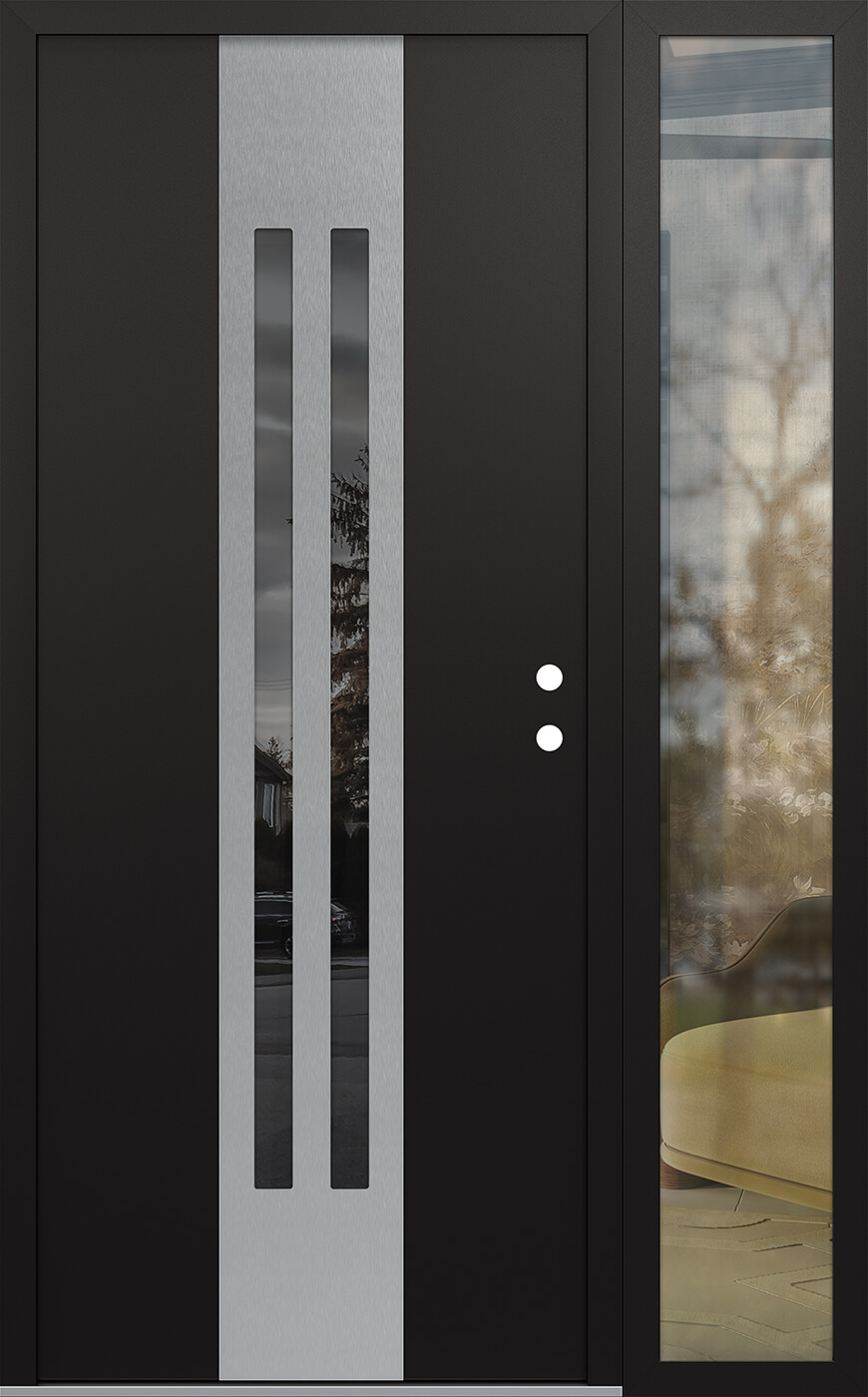 Modern Steel Front Door DIAMOND A8 50" X 80" BLACK/BLACK MIRRORED GLASS PANEL STAINLESS STEEL LHI WITH SIDELITE CLEAR GLASS