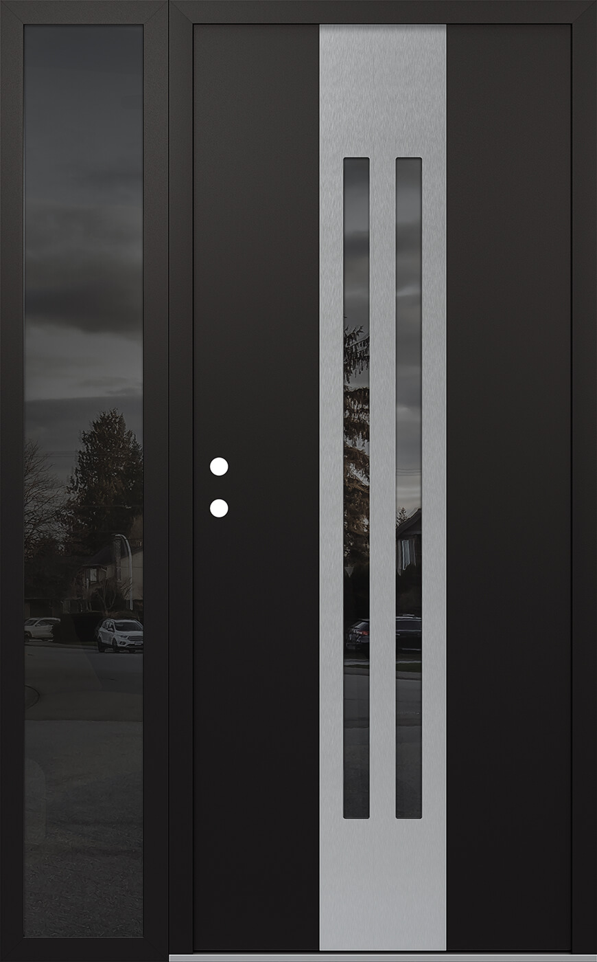 Modern Steel Front Door DIAMOND A8 50" X 80" BLACK/BLACK MIRRORED GLASS PANEL STAINLESS STEEL RHI WITH SIDELITE MIRRORED GLASS