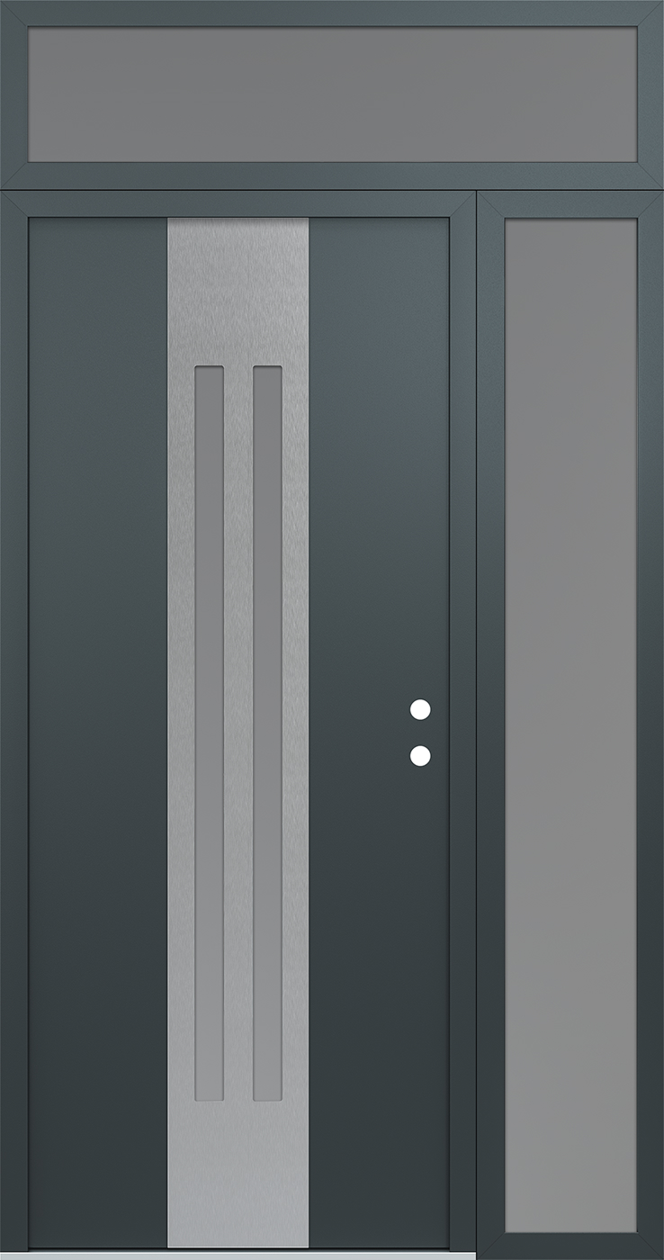 Modern Steel Front Door DIAMOND A8 50" X 96" ANTHRACITE/ANTHRACITE FROSTED GLASS PANEL STAINLESS STEEL LHI WITH SIDELITE AND TRANSOM FROSTED GLASS