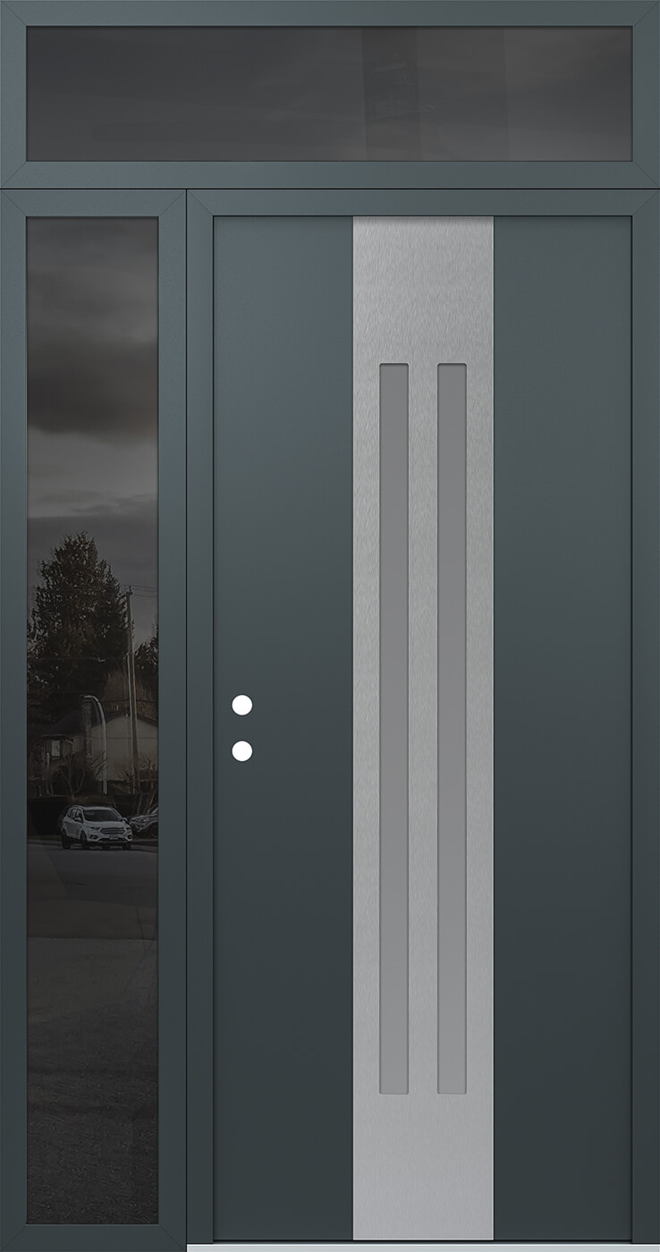 Modern Steel Front Door DIAMOND A8 50" X 96" ANTHRACITE/ANTHRACITE FROSTED GLASS PANEL STAINLESS STEEL RHI WITH SIDELITE AND TRANSOM MIRRORED GLASS