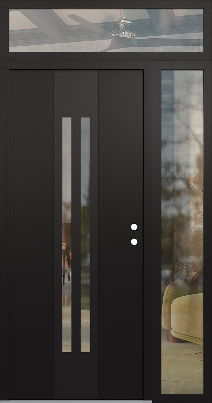 Modern Steel Front Door DIAMOND A8 50" X 96" BLACK/BLACK CLEAR GLASS PANEL BLACK LHI WITH SIDELITE AND TRANSOM CLEAR GLASS