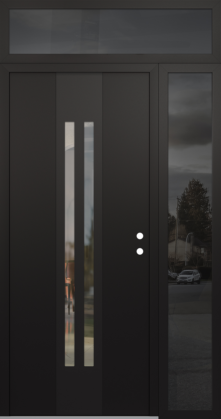 Modern Steel Front Door DIAMOND A8 50" X 96" BLACK/BLACK CLEAR GLASS PANEL BLACK LHI WITH SIDELITE AND TRANSOM MIRRORED GLASS