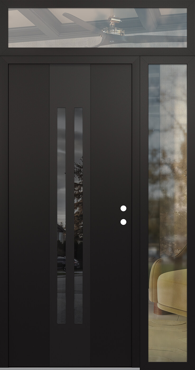 Modern Steel Front Door DIAMOND A8 50" X 96" BLACK/BLACK MIRRORED GLASS PANEL BLACK LHI WITH SIDELITE AND TRANSOM CLEAR GLASS