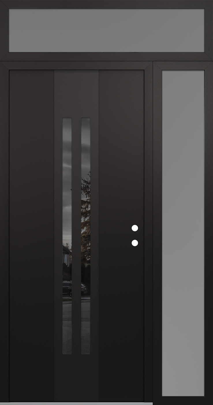 Modern Steel Front Door DIAMOND A8 50" X 96" BLACK/BLACK MIRRORED GLASS PANEL BLACK LHI WITH SIDELITE AND TRANSOM FROSTED GLASS