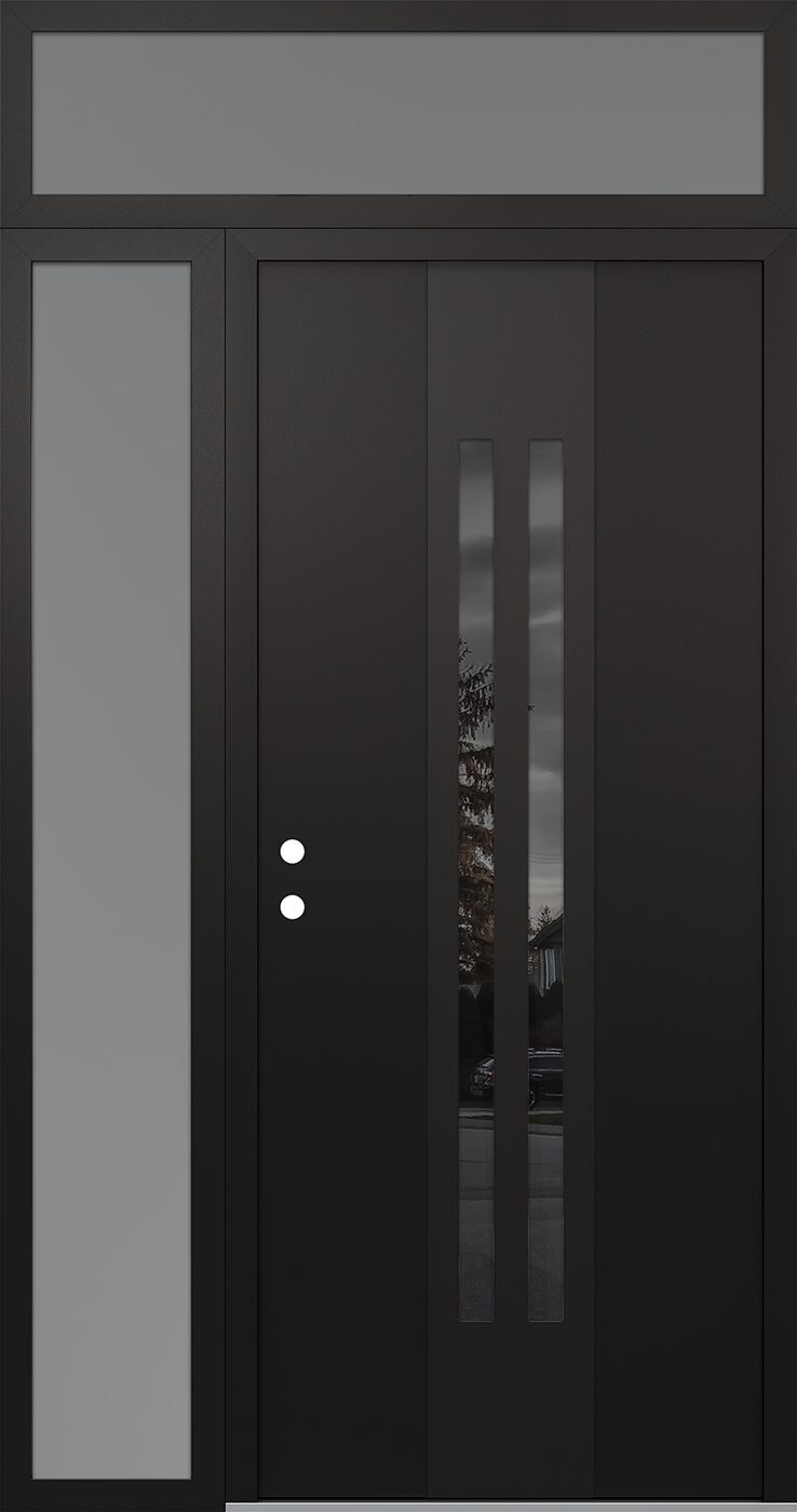 Modern Steel Front Door DIAMOND A8 50" X 96" BLACK/BLACK MIRRORED GLASS PANEL BLACK RHI WITH SIDELITE AND TRANSOM FROSTED GLASS