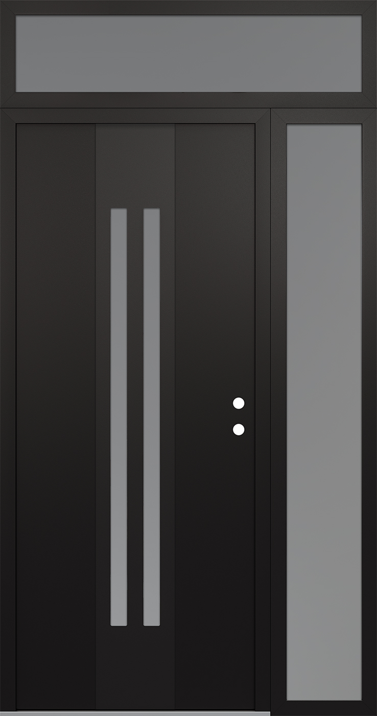 Modern Steel Front Door DIAMOND A8 50" X 96" BLACK/WHITE FROSTED GLASS PANEL BLACK LHI WITH SIDELITE AND TRANSOM FROSTED GLASS