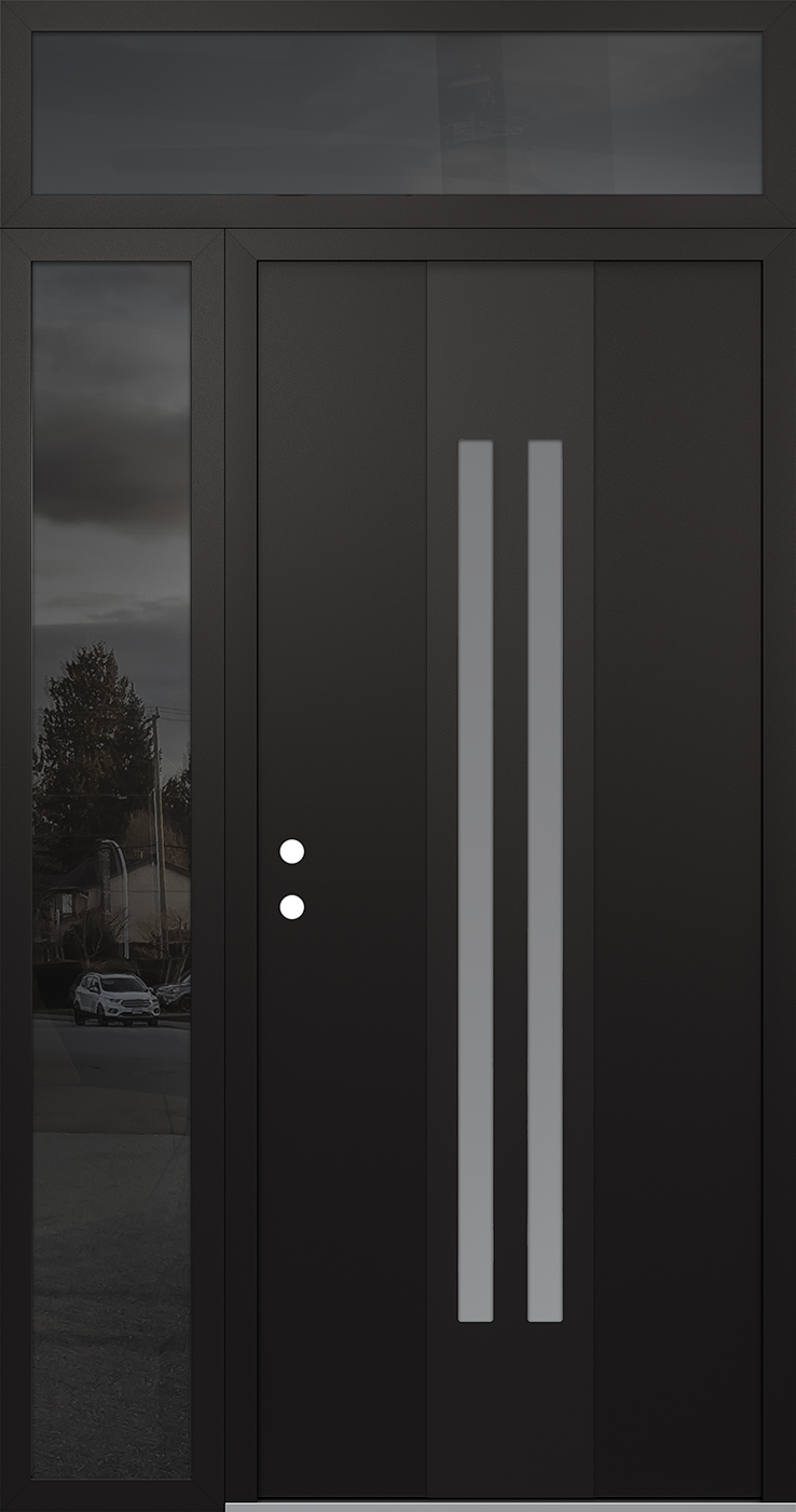 Modern Steel Front Door DIAMOND A8 50" X 96" BLACK/WHITE FROSTED GLASS PANEL BLACK RHI WITH SIDELITE AND TRANSOM MIRRORED GLASS