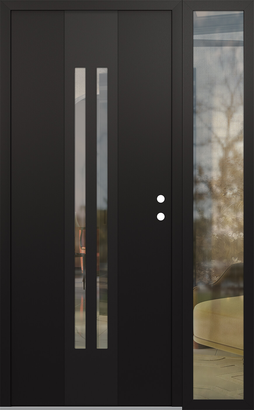 Modern Steel Front Door DIAMOND A8 52" X 80" BLACK/BLACK CLEAR GLASS PANEL BLACK LHI WITH SIDELITE CLEAR GLASS