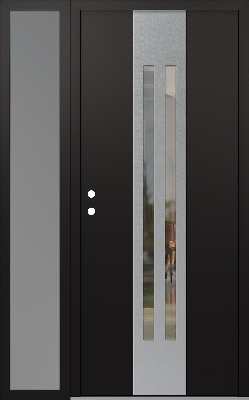 Modern Steel Front Door DIAMOND A8 52" X 80" BLACK/BLACK CLEAR GLASS PANEL STAINLESS STEEL RHI WITH SIDELITE FROSTED GLASS