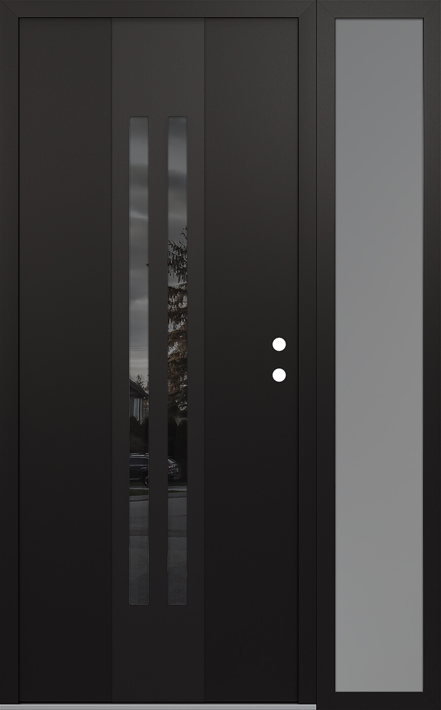 Modern Steel Front Door DIAMOND A8 52" X 80" BLACK/BLACK MIRRORED GLASS PANEL BLACK LHI WITH SIDELITE FROSTED GLASS