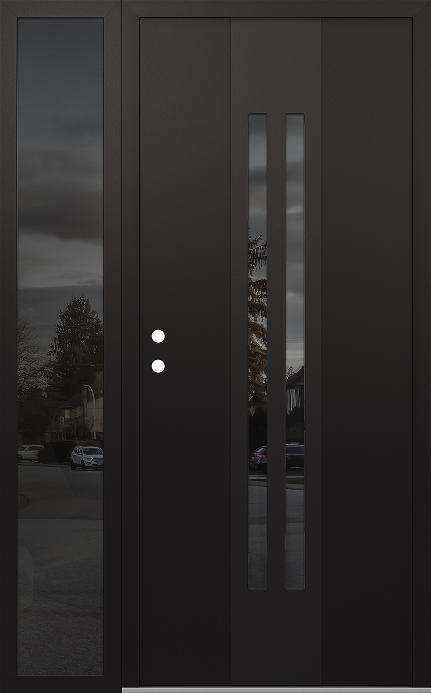 Modern Steel Front Door DIAMOND A8 52" X 80" BLACK/BLACK MIRRORED GLASS PANEL BLACK RHI WITH SIDELITE MIRRORED GLASS