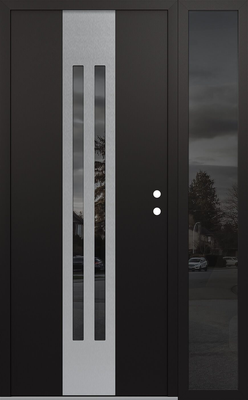 Modern Steel Front Door DIAMOND A8 52" X 80" BLACK/BLACK MIRRORED GLASS PANEL STAINLESS STEEL LHI WITH SIDELITE MIRRORED GLASS