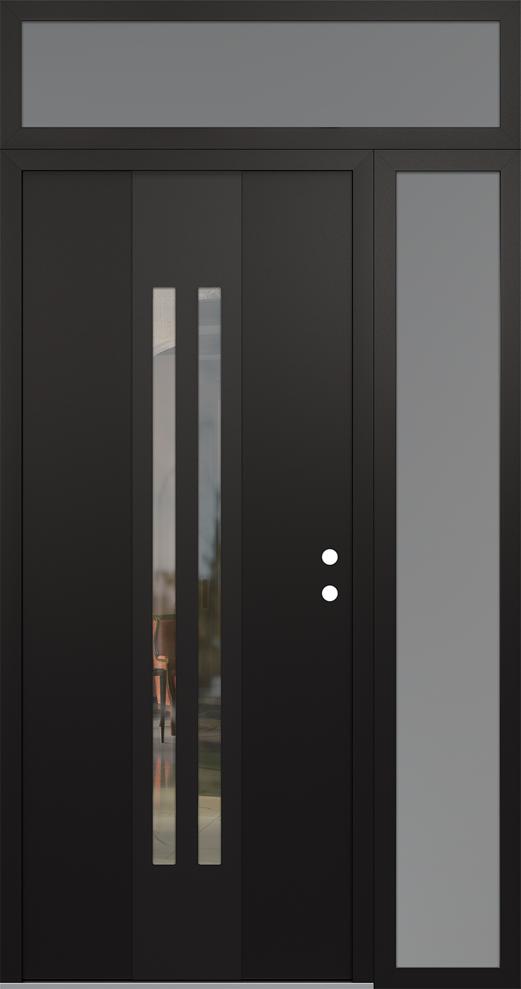 Modern Steel Front Door DIAMOND A8 52" X 96" BLACK/BLACK CLEAR GLASS PANEL BLACK LHI WITH SIDELITE AND TRANSOM FROSTED GLASS