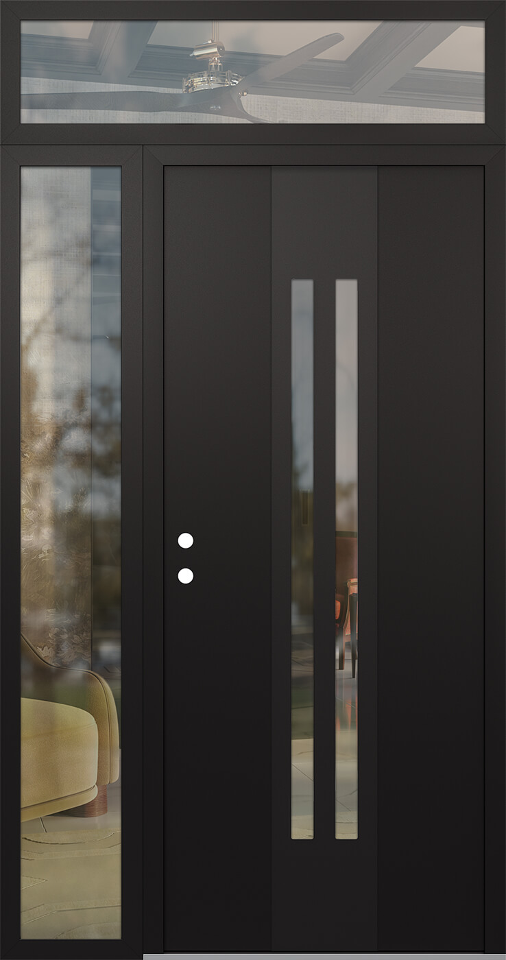 Modern Steel Front Door DIAMOND A8 52" X 96" BLACK/BLACK CLEAR GLASS PANEL BLACK RHI WITH SIDELITE AND TRANSOM CLEAR GLASS